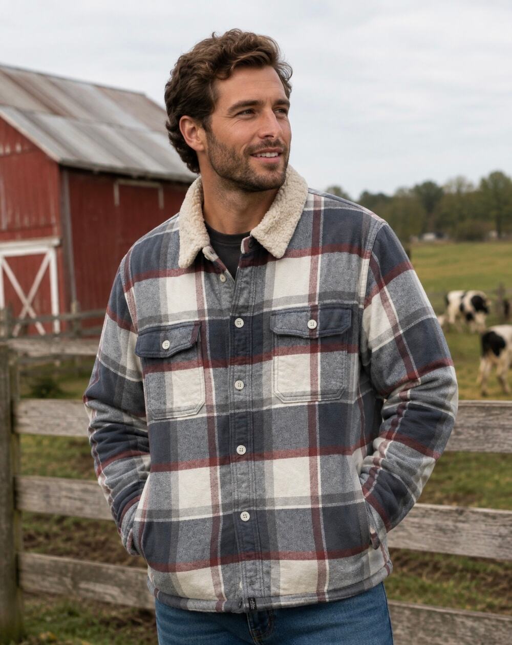 HOLLISTER Sherpa Lined Flannel Jacket Men's Size XL Gray Cream Red Plaid Shacket